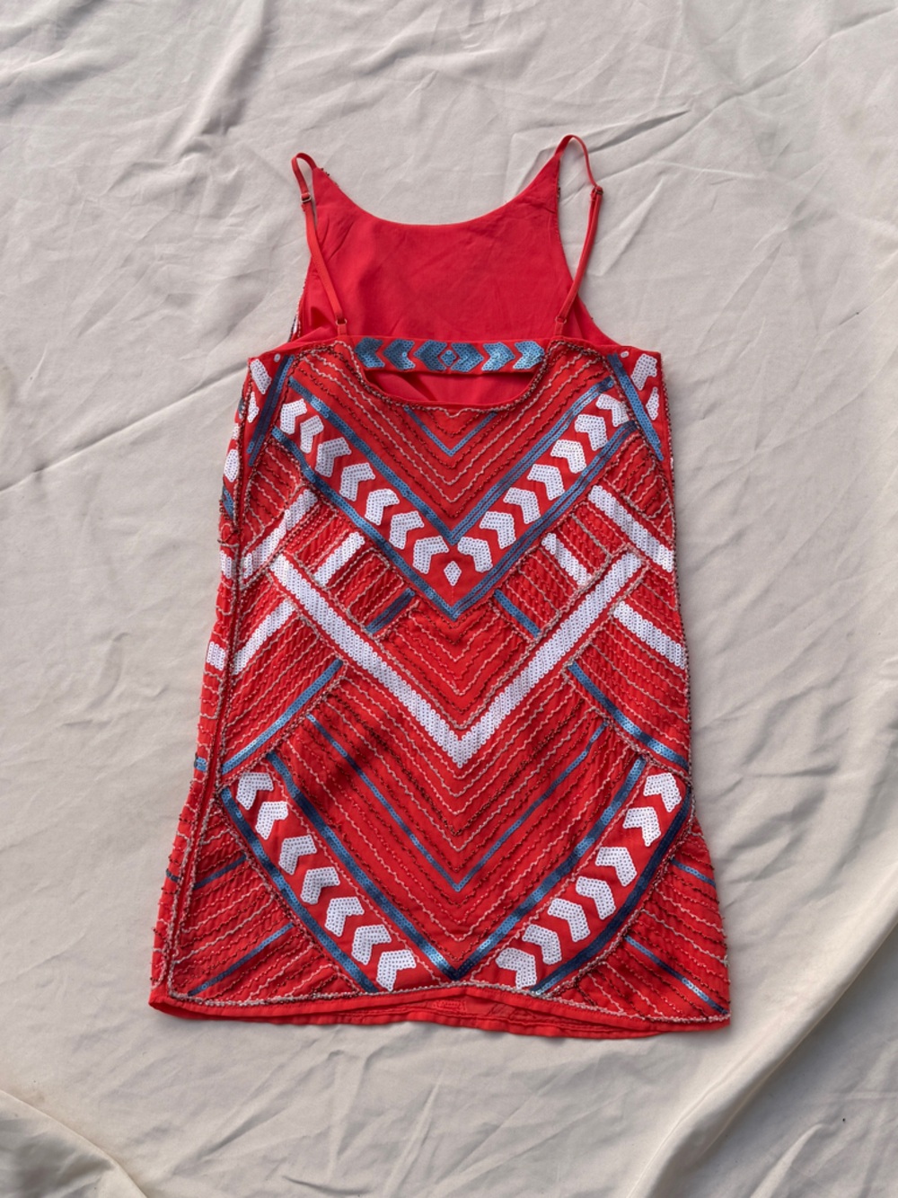 Meghan LA Red Chevron Beaded Mini Dress with Blue & White Accents - Picture 2 of 4